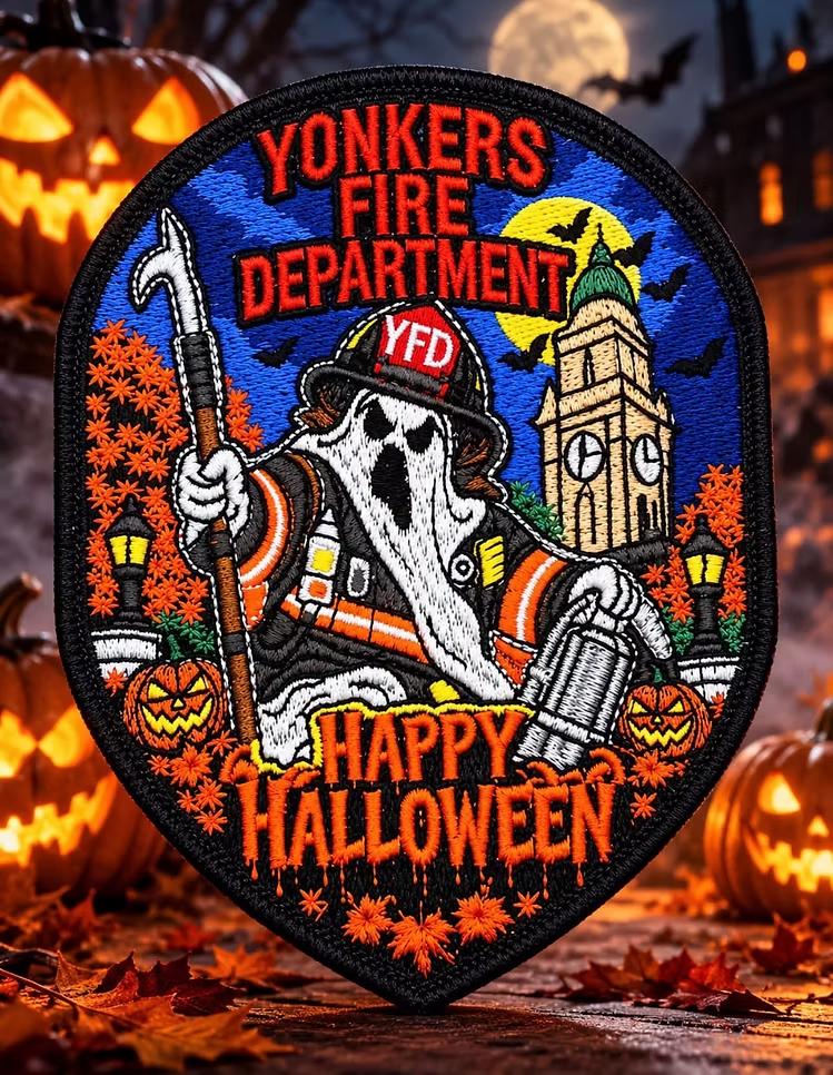 YONKERS, NEW YORK FIRE DEPT (YFD) 'SCARY HALLOWEEN' EMBROIDERED PATCH BY UNDERDOG PATCH PRODUCTIONS.
