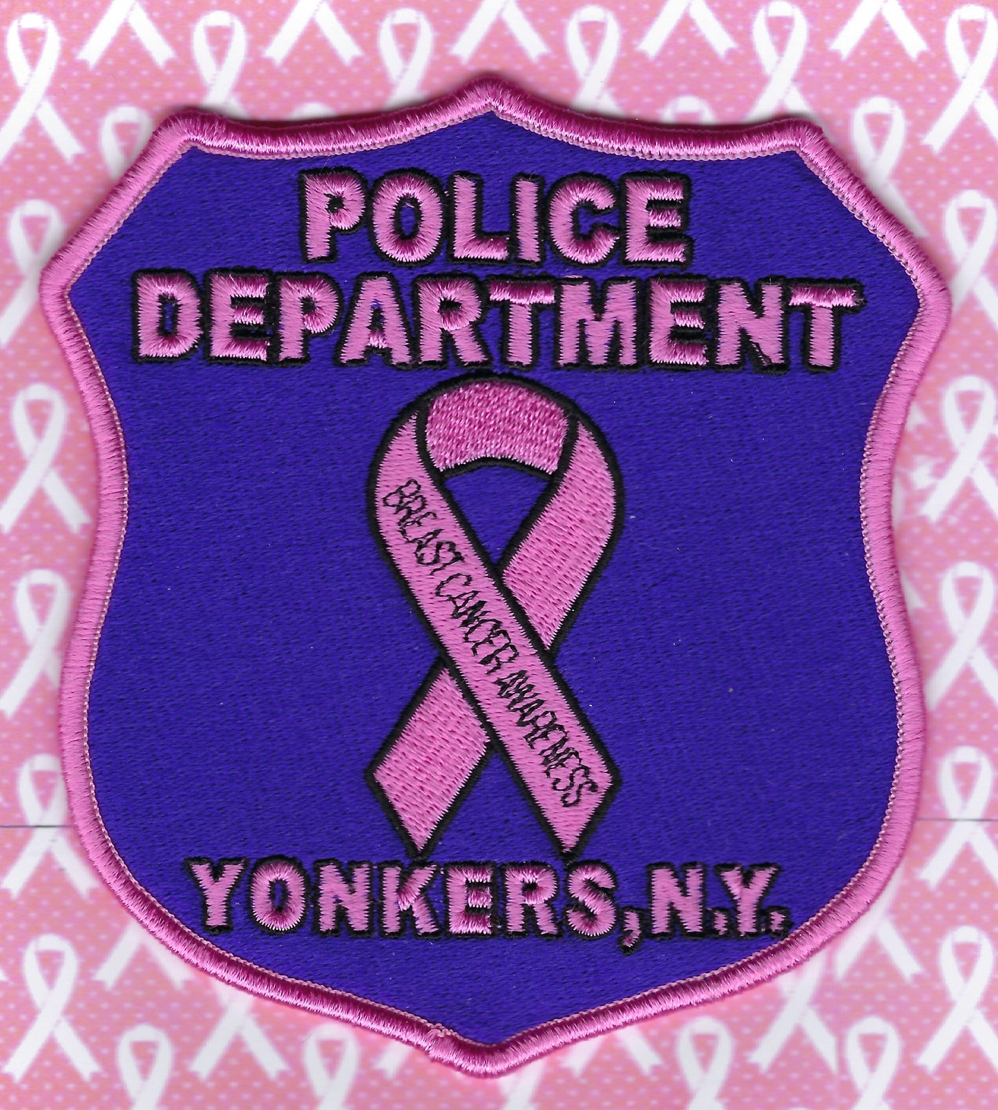 YONKERS, NEW YORK POLICE DEPARTMENT (YPD) BREAST CANCER AWARENESS' EMBROIDERED PATCH DESIGNED AND PRODUCED BY PUBLIC SAFETY COLLECTIBLES.