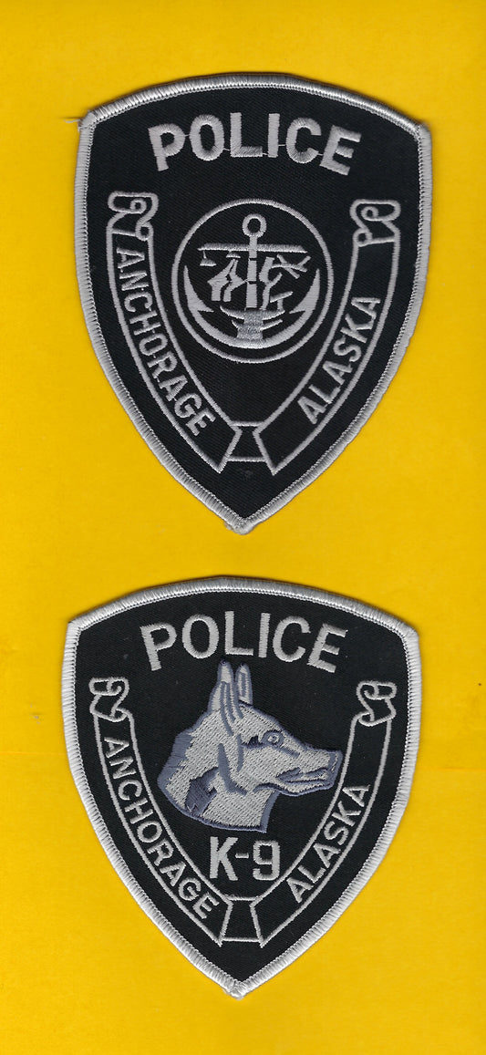 ANCHORAGE, ALASKA POLICE DEPARTMENT 5-INCH AND 4.5 INCH 'K-9 UNIT' SUBDUED EMBROIDERED PATCHES BY PUBLIC SAFETY COLLECTIBLES.