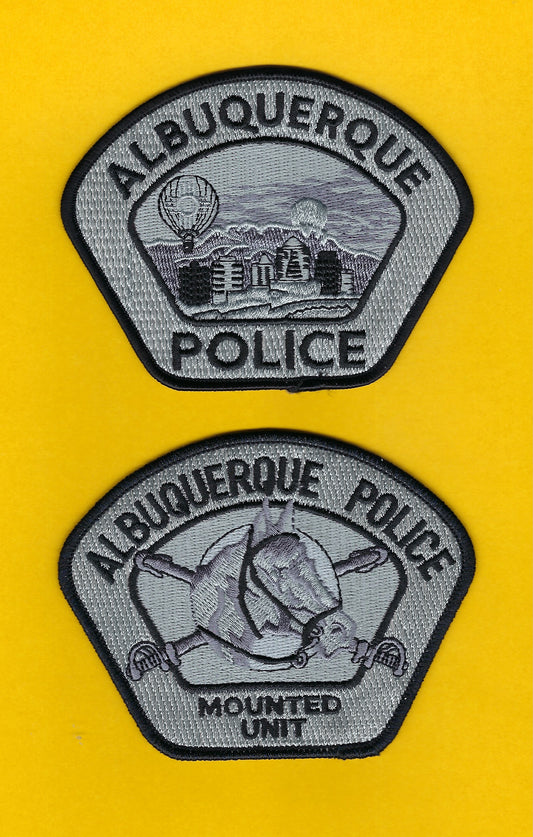 ALBUQUERQUE, NEW MEXICO POLICE DEPARTMENT 3.5 INCH x 4.5 INCH 'MOUNTED UNIT' SUBDUED EMBROIDERED PATCHES BY PUBLIC SAFETY COLLECTIBLES.