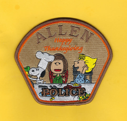 ALLEN, TEXAS POLICE DEPARTMENT 'HAPPY THANKSGIVING' EMBROIDERED PATCH BY GHOST PATCH PRODUCTIONS.
