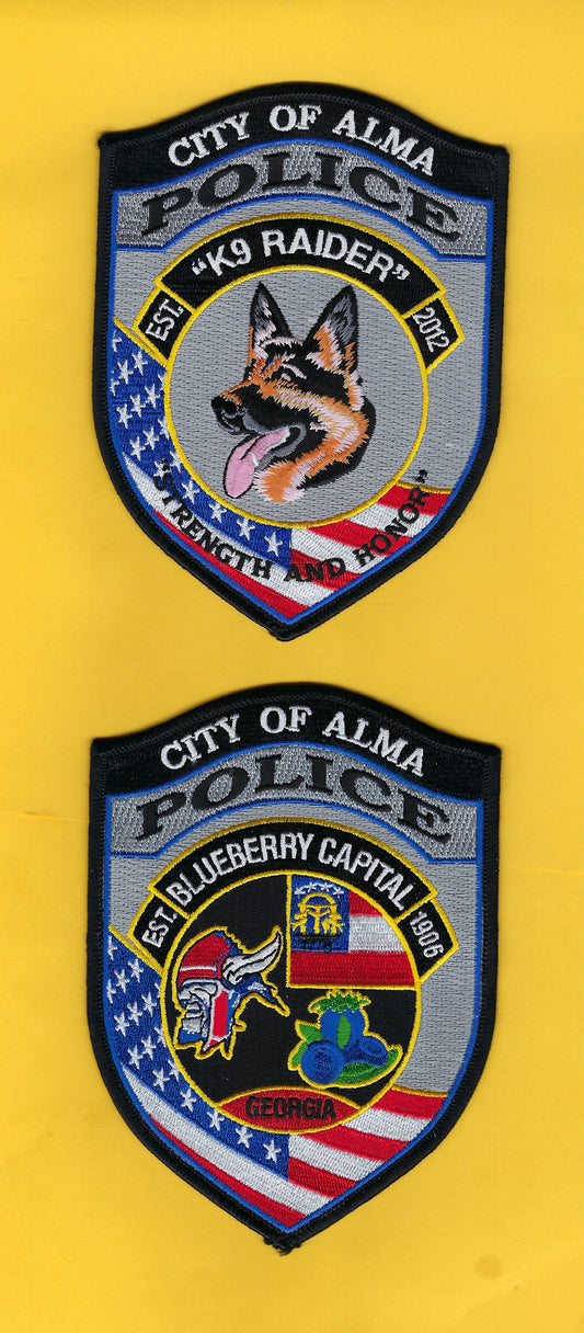 ALMA, GEORGIA POLICE DEPARTMENT 5.5 INCH K-9 UNIT EMBROIDERED PATCHES BY PUBLIC SAFETY COLLECTIBLES.