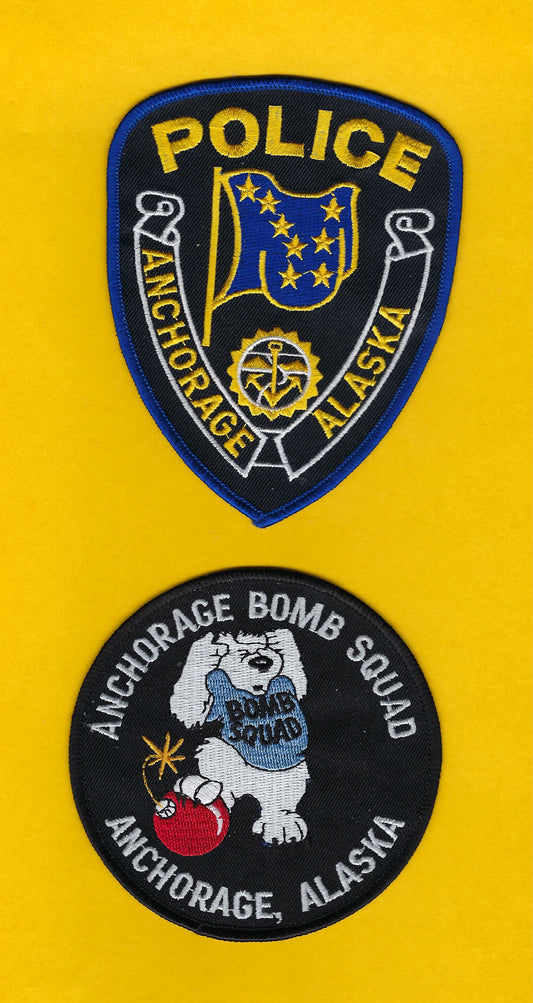 ANCHORAGE, ALASKA POLICE DEPARTMENT 5-INCH AND 4-INCH 'BOMB SQUAD' EMBROIDERED PATCHES BY PUBLIC SAFETY COLLECTIBLES.
