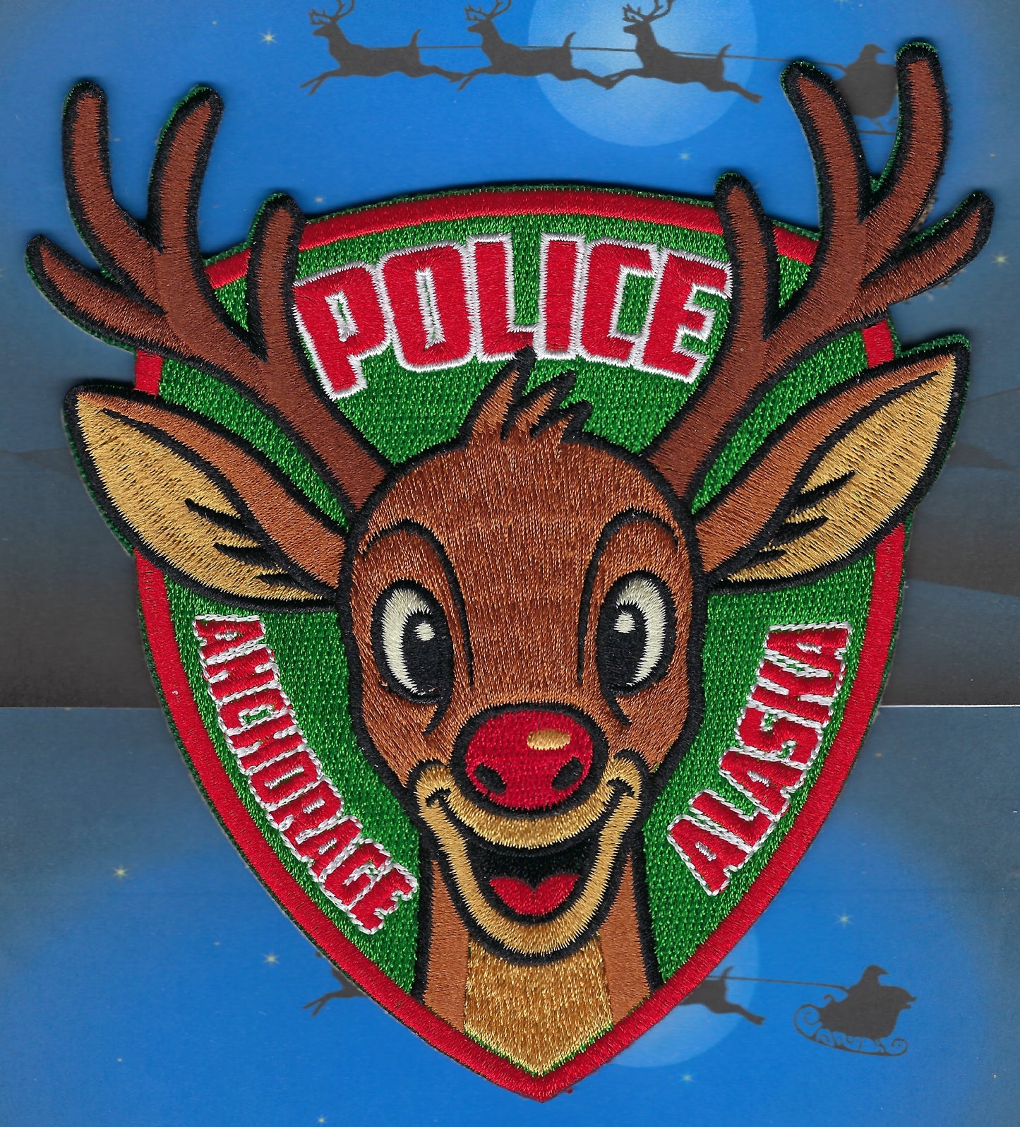 ANCHORAGE, ALASKA POLICE DEPARTMENT ''MERRY CHRISTMAS' REINDEER EMBROIDERED PATCH BY GHOST PATCH PRODUCTIONS.