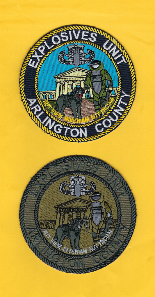 ARLINGTON COUNTY, VIRGINIA POLICE DEPARTMENT 4-INCH 'EXPLOSIVES UNIT' EMBROIDERED PATCHES BY PUBLIC SAFETY COLLECTIBLES.
