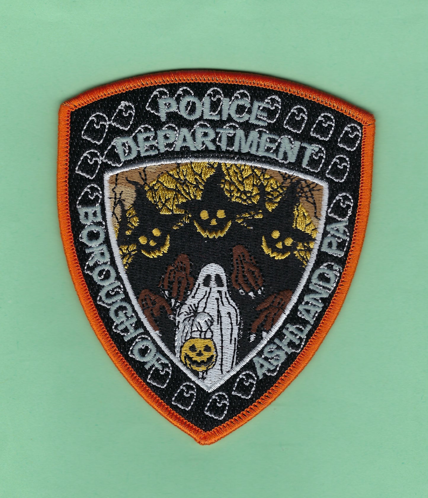 ASHLAND, PENNSYLVANIA POLICE DEPARTMENT 4.5 INCH EMBROIDERED HALLOWEEN PATCH BY GHOST PATCH PRODUCTIONS.