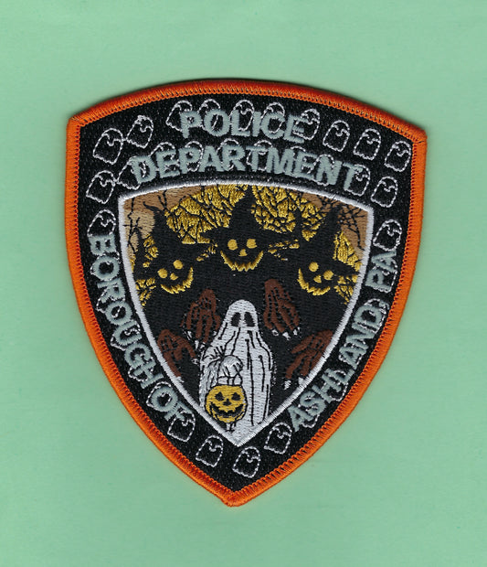 ASHLAND, PENNSYLVANIA POLICE DEPARTMENT 4.5 INCH EMBROIDERED HALLOWEEN PATCH BY GHOST PATCH PRODUCTIONS.