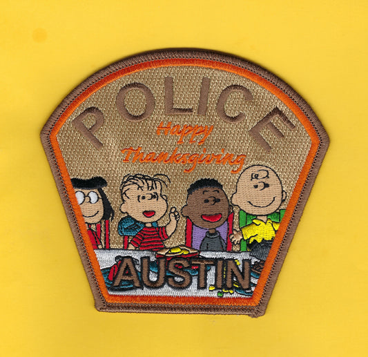 AUSTIN, TEXAS POLICE DEPARTMENT 'HAPPY THANKSGIVING' EMBROIDERED PATCH BY GHOST PATCH PRODUCTIONS.