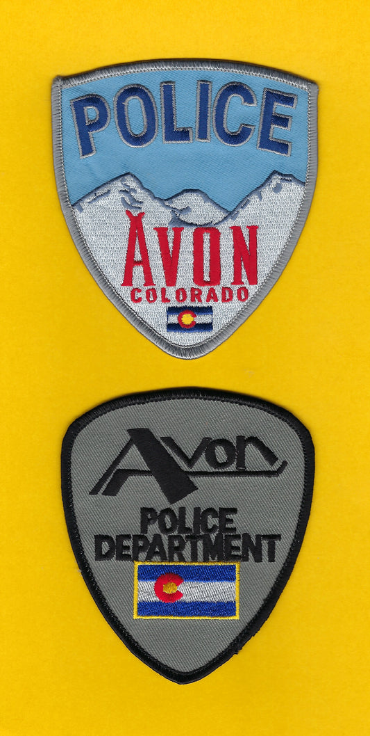 AVON, COLORADO POLICE DEPARTMENT 4.25 INCH AND 4-INCH EMBROIDERED PATCHES BY PUBLIC SAFETY COLLECTIBLES.
