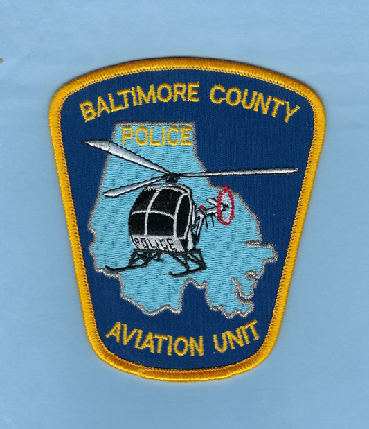 BALTIMORE COUNTY, MARYLAND POLICE DEPARTMENT 4.5 INCH 'AVIATION UNIT' EMBROIDERED PATCH BY PUBLIC SAFETY COLLECTIBLES.
