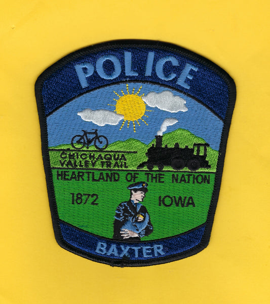 BAXTER, IOWA POLICE DEPARTMENT 4.75 INCH EMBROIDERED PATCH BY PUBLIC SAFETY COLLECTIBLES.