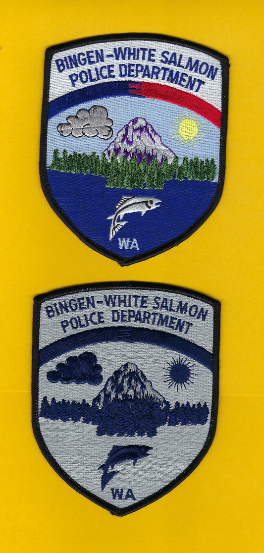 BINGEN-WHITE SALMON, WASHINGTON POLICE DEPARTMENT 5-INCH EMBROIDERED PATCHES BY PUBLIC SAFETY COLLECTIBLES.