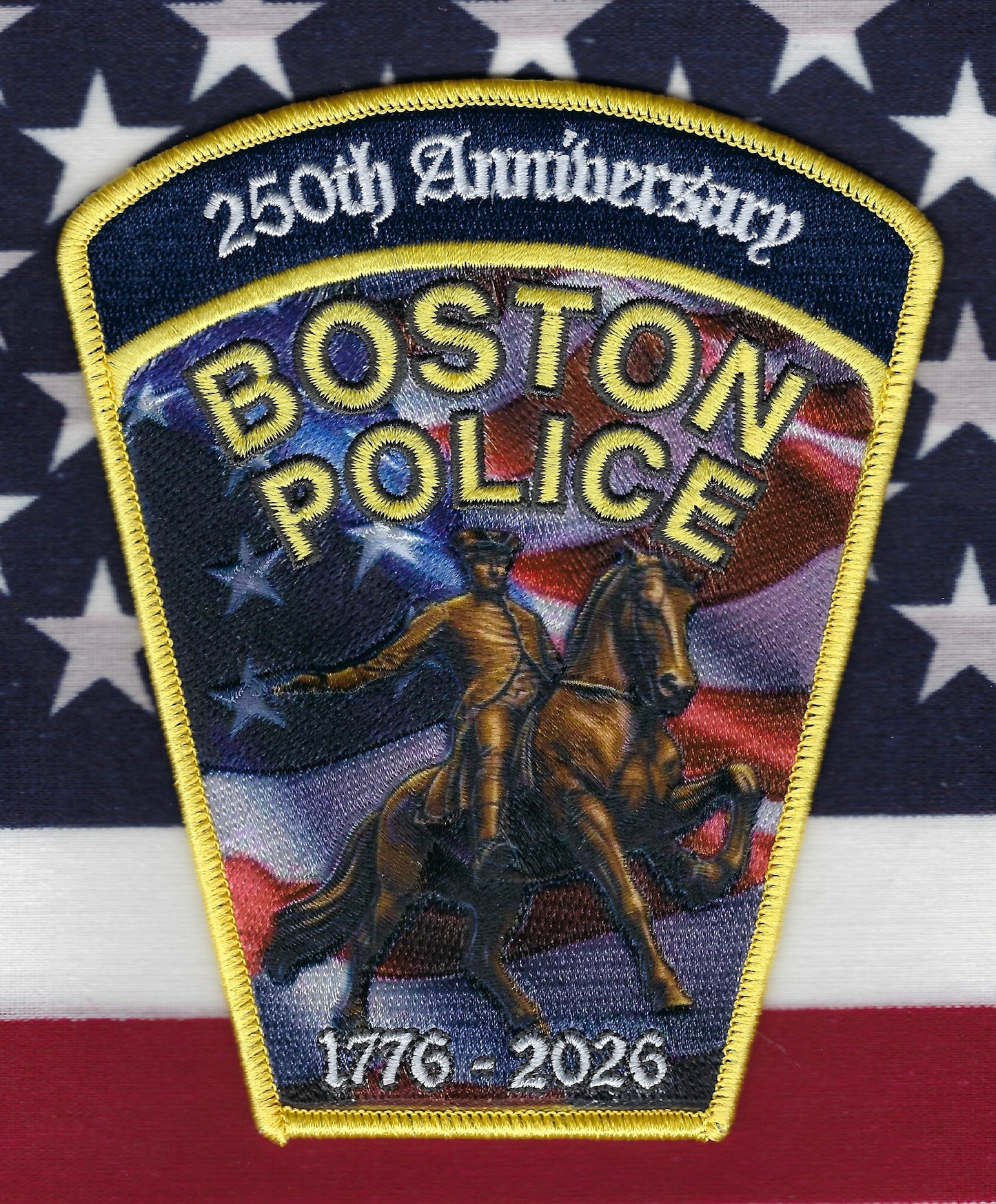 BOSTON, MASSACHUSETTS POLICE DEPARTMENT (BPD) 'AMERICA 250TH ANNIVERSARY' EMBROIDERED PATCH BY DIRTY WATER COLLECTIBLES.