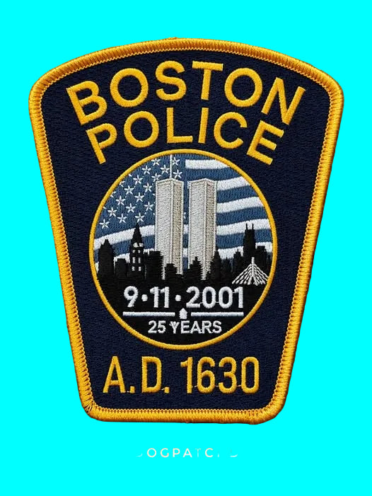 BOSTON, MASSACHUSETTS POLICE DEPT (BPD) '9-11-01 25TH ANNIVERSARY' EMBROIDERED TRIBUTE PATCH DESIGNED AND PRODUCED BY UNDERDOG PATCH PRODUCTIONS.