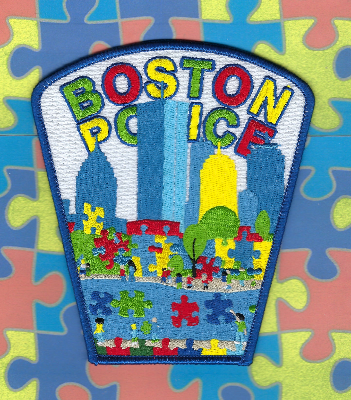 BOSTON, MASSACHUSETTS POLICE DEPARTMENT (BPD) AUTISM AWARENESS EMBROIDERED PATCH C DESIGNED AND PRODUCED BY GHOST PATCH ENTERPRISES.