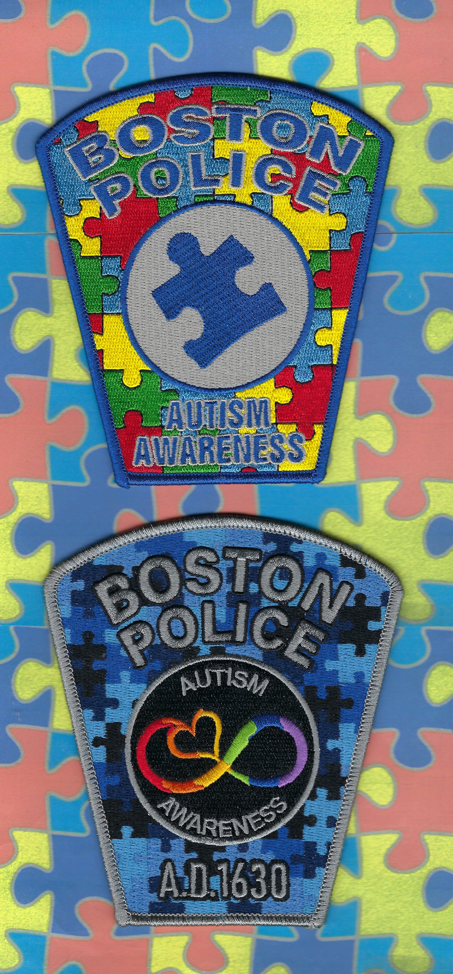 BOSTON, MASSACHUSETTS POLICE DEPARTMENT (BPD) AUTISM AWARENESS EMBROIDERED PATCH SET A DESIGNED AND PRODUCED BY GHOST PATCH ENTERPRISES.