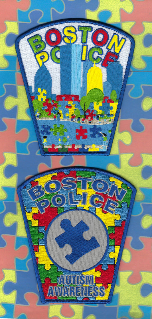 BOSTON, MASSACHUSETTS POLICE DEPARTMENT (BPD) AUTISM AWARENESS EMBROIDERED PATCH SET B DESIGNED AND PRODUCED BY GHOST PATCH ENTERPRISES.
