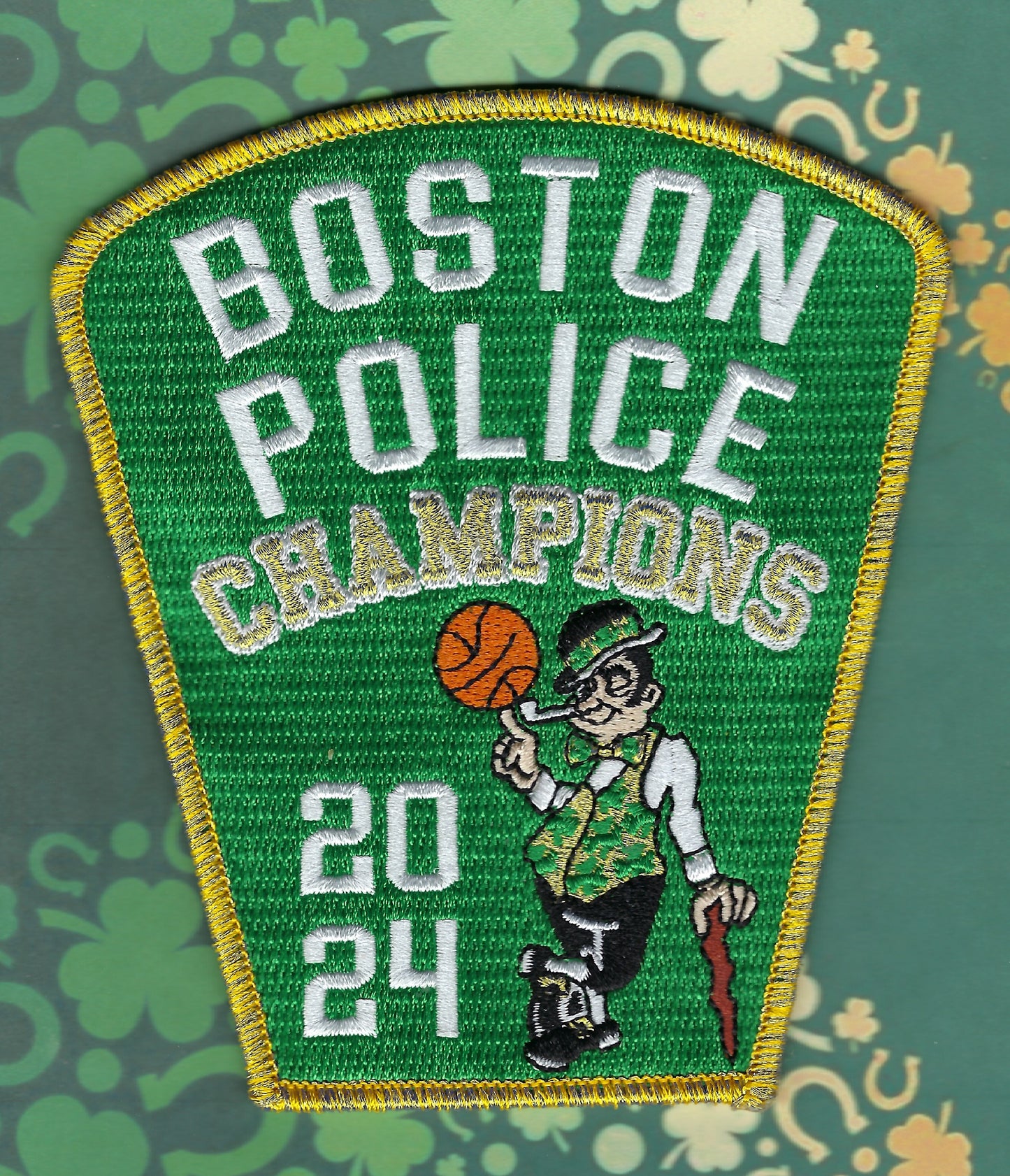 BOSTON, MASSACHUSETTS POLICE DEPARTMENT 'BOSTON BASKETBALL 2024' EMBROIDERED TRIBUTE PATCH DESIGNED AND PRODUCED BY GHOST PATCH ENTERPRISES..
