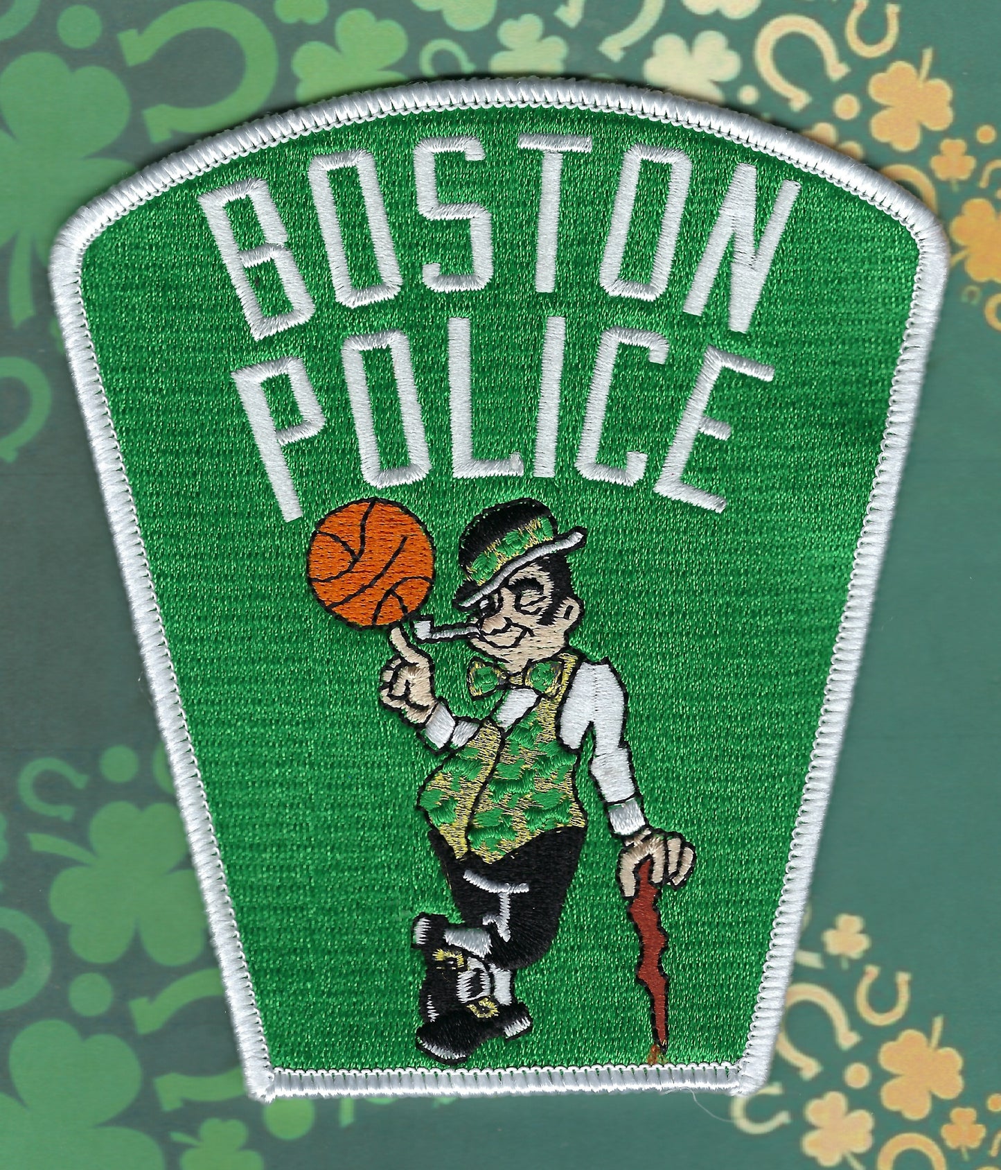 BOSTON, MASSACHUSETTS POLICE DEPARTMENT 'BOSTON CELTICS' EMBROIDERED TRIBUTE PATCH DESIGNED AND PRODUCED BY GHOST PATCH ENTERPRISES..