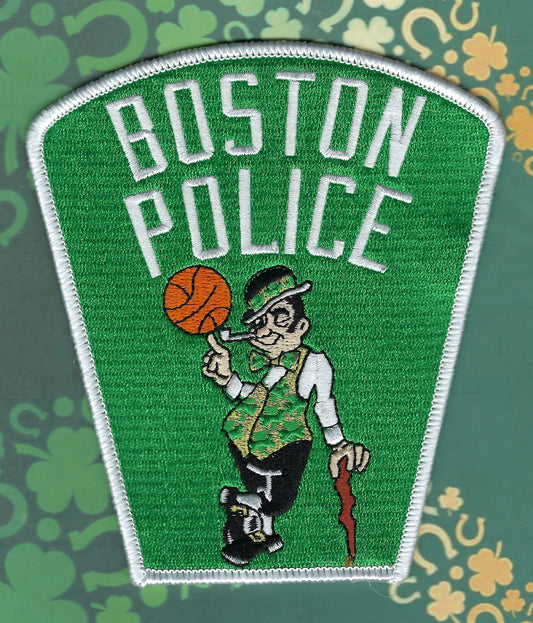 BOSTON, MASSACHUSETTS POLICE DEPARTMENT 'BOSTON CELTICS' EMBROIDERED TRIBUTE PATCH DESIGNED AND PRODUCED BY GHOST PATCH ENTERPRISES..