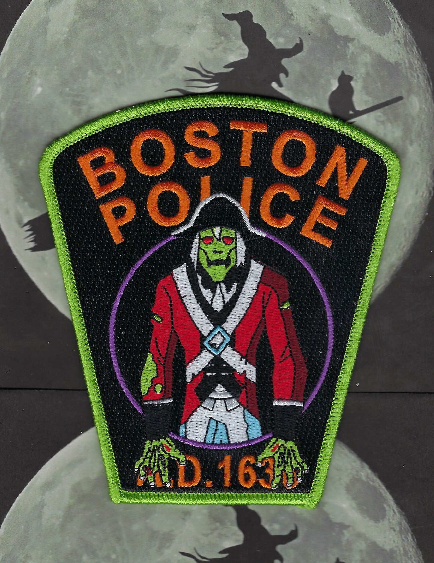 BOSTON, MASSACHUSETTS POLICE DEPARTMENT 'HAPPY HALLOWEEN REDCOATS' EMBROIDERED PATCH BY GHOST PATCH PRODUCTIONS.