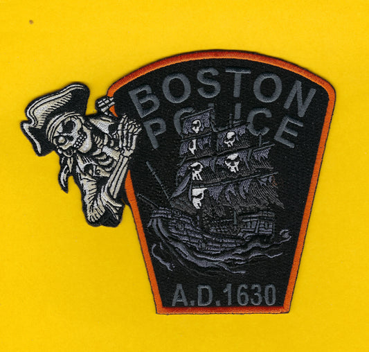 BOSTON, MASSACHUSETTS POLICE DEPARTMENT 'HAPPY HALLOWEEN PIRATE SHIP' EMBROIDERED PATCH BY GHOST PATCH PRODUCTIONS.