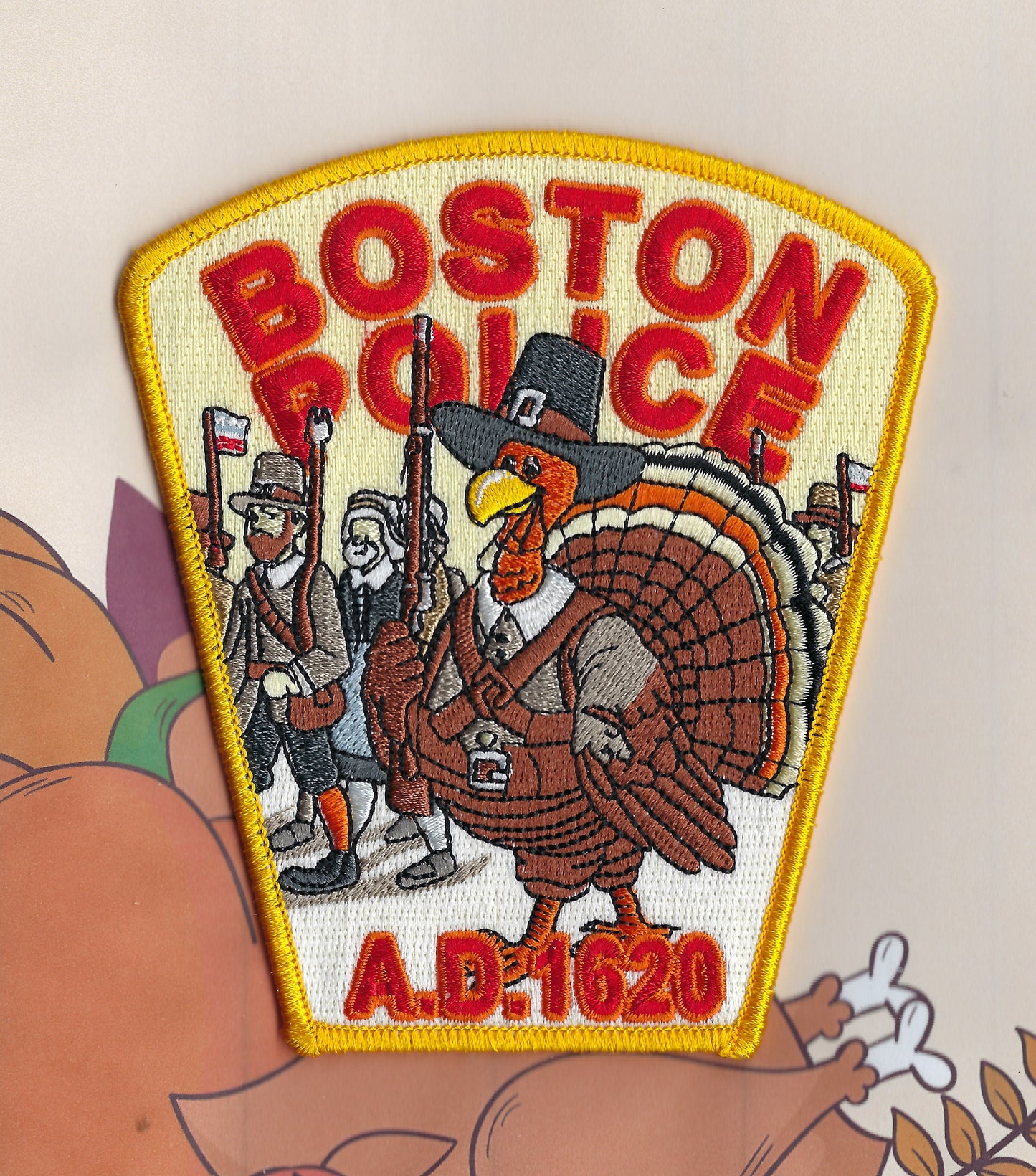 BOSTON, MASSACHUSETTS POLICE DEPARTMENT 'HAPPY THANKSGIVING' EMBROIDERED PATCH BY GHOST PATCH PRODUCTIONS.