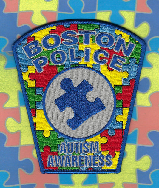 BOSTON, MASSACHUSETTS POLICE DEPARTMENT (BPD) AUTISM AWARENESS EMBROIDERED PATCH A DESIGNED AND PRODUCED BY GHOST PATCH ENTERPRISES.