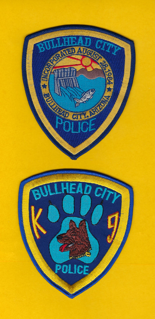 BULLHEAD CITY, ARIZONA POLICE DEPARTMENT 5-INCH AND 4.5 INCH 'K-9 UNIT' EMBROIDERED PATCHES BY PUBLIC SAFETY COLLECTIBLES.