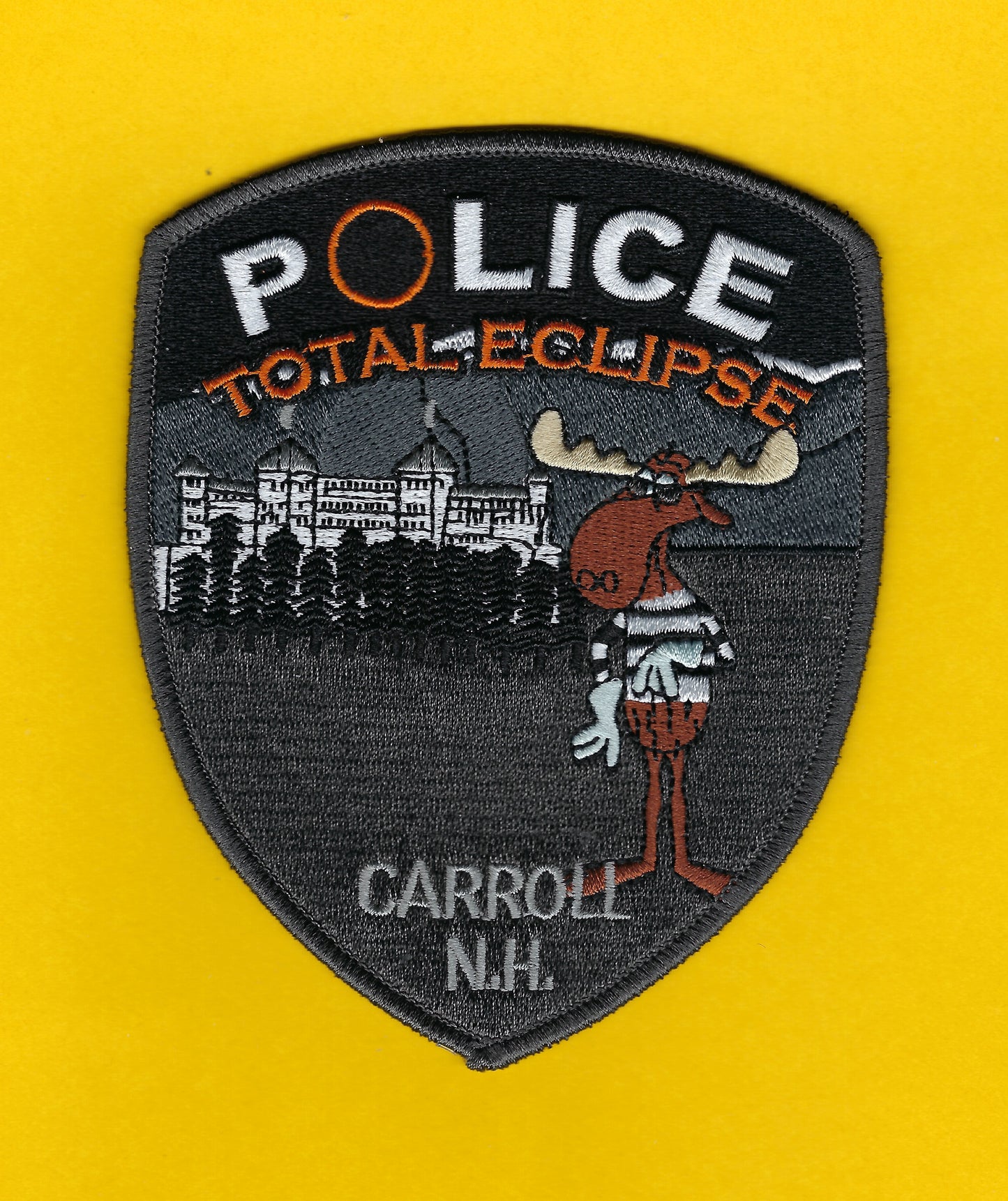 CARROLL, NEW HAMPSHIRE POLICE DEPARTMENT 'TOTAL ECLIPSE' 5-INCH EMBROIDERED PATCH DESIGNED AND PRODUCED BY GHOST PATCH PRODUCTIONS.