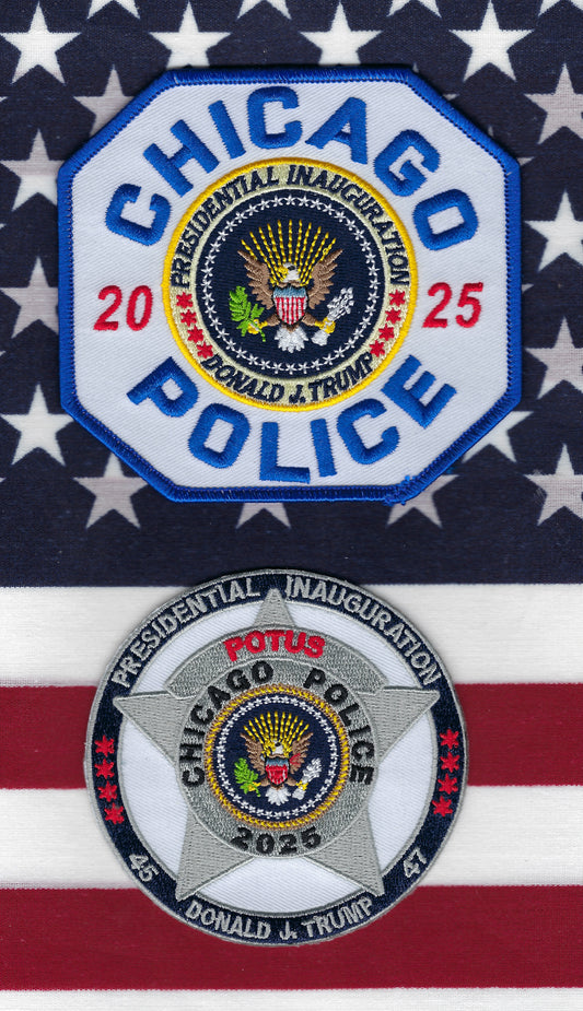 CHICAGO, ILLINOIS POLICE DEPT 'PRESIDENT DONALD J. TRUMP 2025 INAUGURATION' EMBROIDERED PATCHES BY PUBLIC SAFETY COLLECTIBLES.