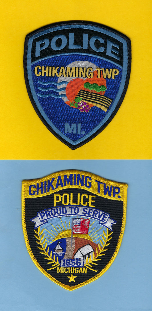 CHIKAMING TOWNSHIP, MICHIGAN POLICE DEPARTMENT 4.75 INCH AND 4.5 INCH EMBROIDERED PATCHES BY PUBLIC SAFETY COLLECTIBLES.