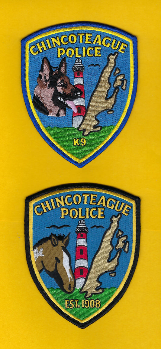 CHINCOTEAGUE, VIRGINIA POLICE DEPARTMENT 5-INCH K-9 UNIT EMBROIDERED PATCHES BY PUBLIC SAFETY COLLECTIBLES.