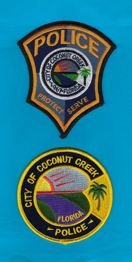 COCONUT CREEK, FLORIDA POLICE DEPARTMENT 4.75 INCH AND 4-INCH EMBROIDERED PATCHES BY PUBLIC SAFETY COLLECTIBLES.