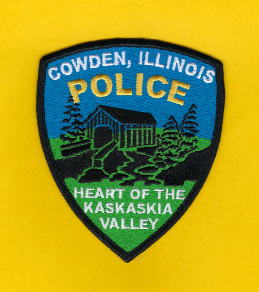 COWDEN, ILLINOIS POLICE DEPARTMENT 4.5 INCH EMBROIDERED PATCH BY HUNTZMAN ENTERPRISES.