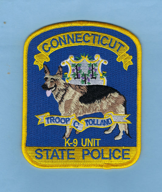 CONNECTICUT STATE POLICE DEPARTMENT 5-INCH TROOP C ( TOLLAND ) CANINE UNIT EMBROIDERED PATCH BY PUBLIC SAFETY COLLECTIBLES.
