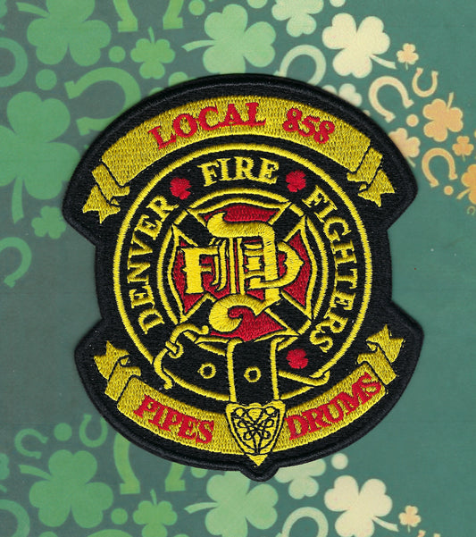 DENVER, COLORADO FIRE FIGHTERS LOCAL 858 4-INCH PIPES AND DRUMS EMBROIDERED PATCH BY PUBLIC SAFETY COLLECTIBLES.