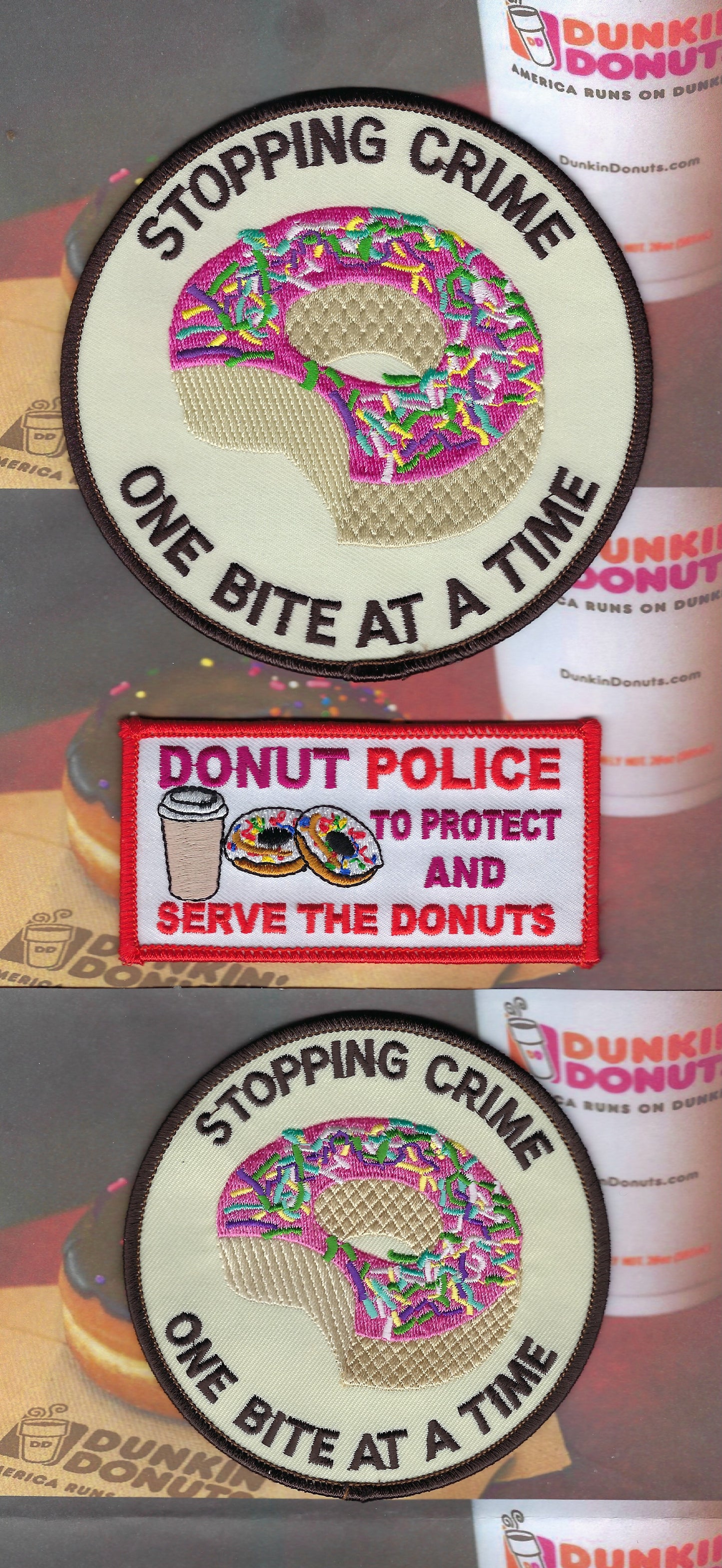 DONUT POLICE DEPARTMENT SUPERIOR QUALITY LIMITED EDITION 5-INCH, 4-INCH AND 4-INCH x 2-INCH EMBROIDERED NOVELTY PATCHES DESIGNED AND PRODUCED BY PUBLIC SAFETY COLLECTIBLES.