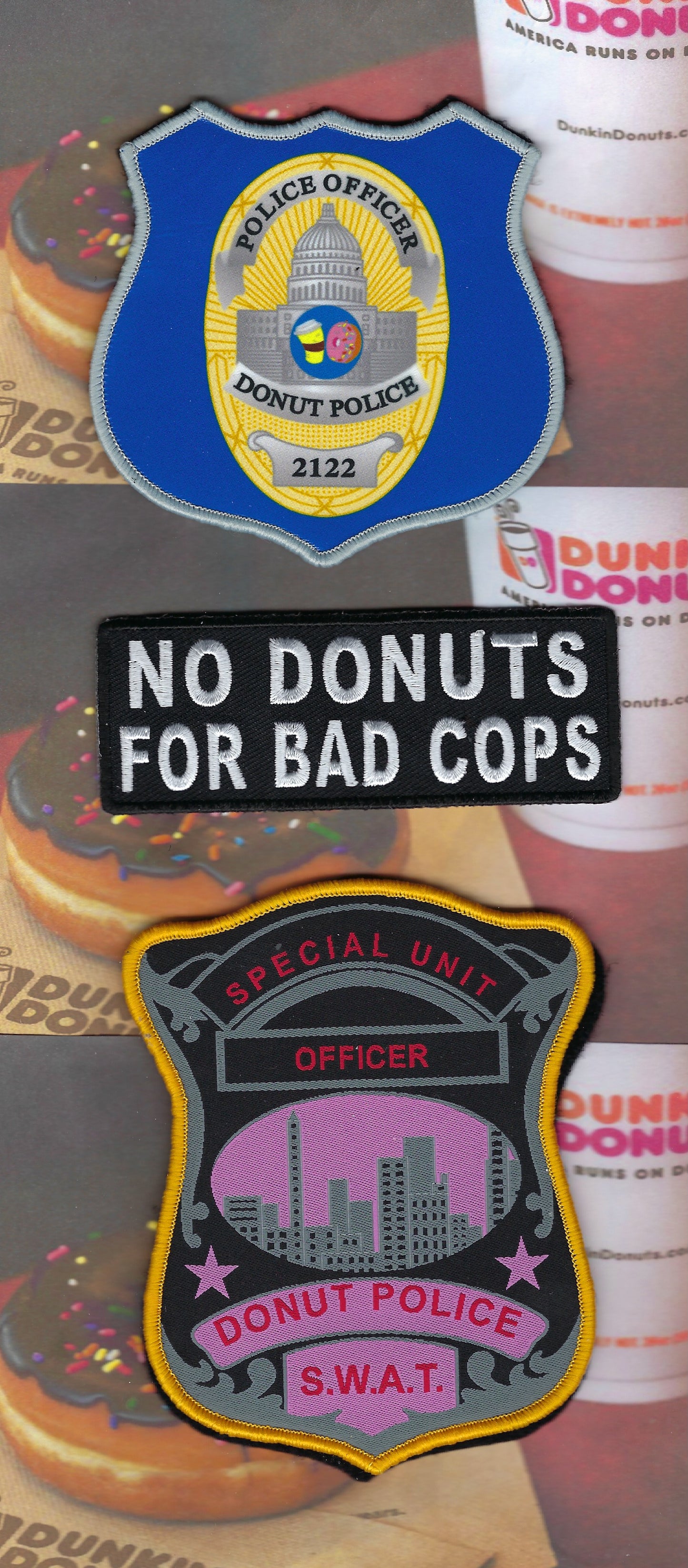 DONUT POLICE DEPARTMENT SUPERIOR QUALITY LIMITED EDITION 4.5 INCH, 3.5 INCH AND 4-INCH x 1.5 INCH EMBROIDERED NOVELTY PATCHES DESIGNED AND PRODUCED BY PUBLIC SAFETY COLLECTIBLES.