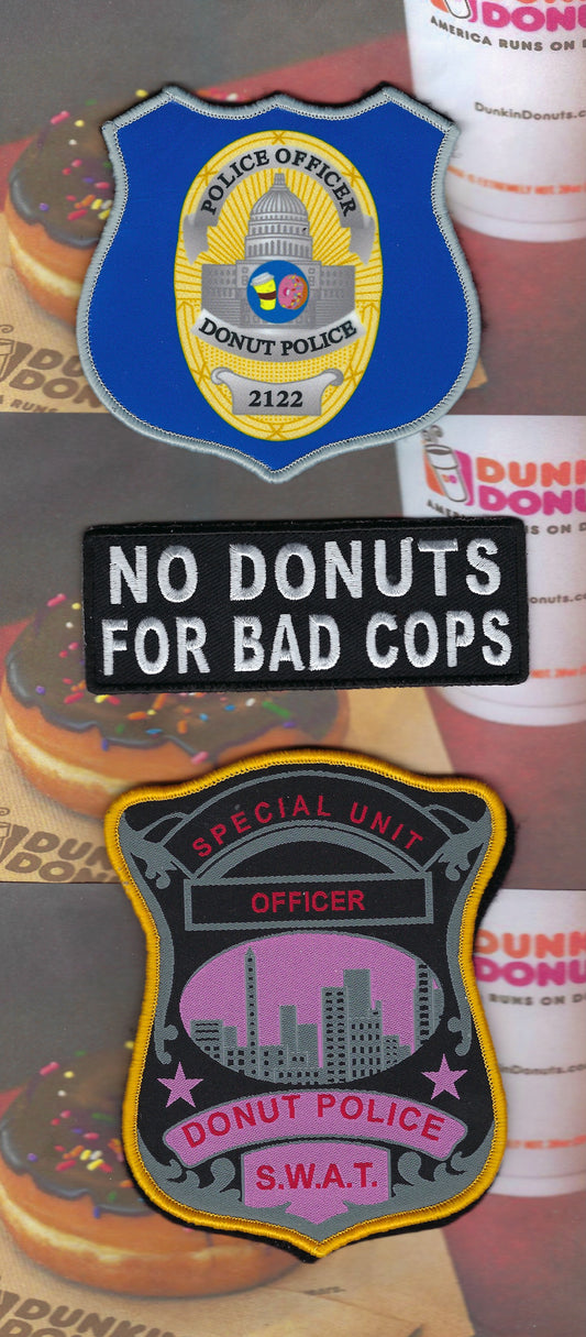 DONUT POLICE DEPARTMENT SUPERIOR QUALITY LIMITED EDITION 4.5 INCH, 3.5 INCH AND 4-INCH x 1.5 INCH EMBROIDERED NOVELTY PATCHES DESIGNED AND PRODUCED BY PUBLIC SAFETY COLLECTIBLES.