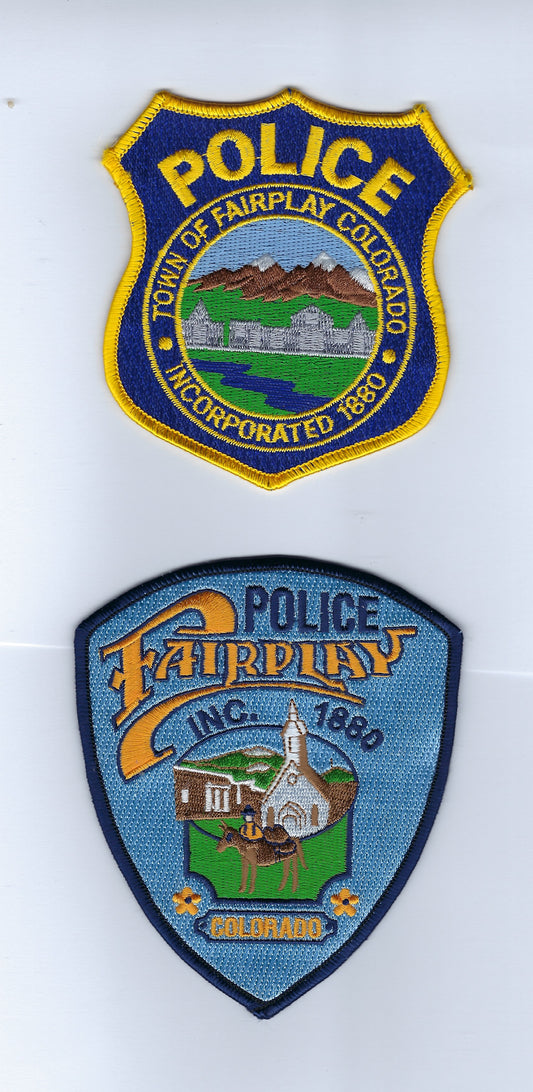 FAIRPLAY, COLORADO POLICE DEPARTMENT 5-INCH AND 4.25 INCH EMBROIDERED PATCHES BY PUBLIC SAFETY COLLECTIBLES.
