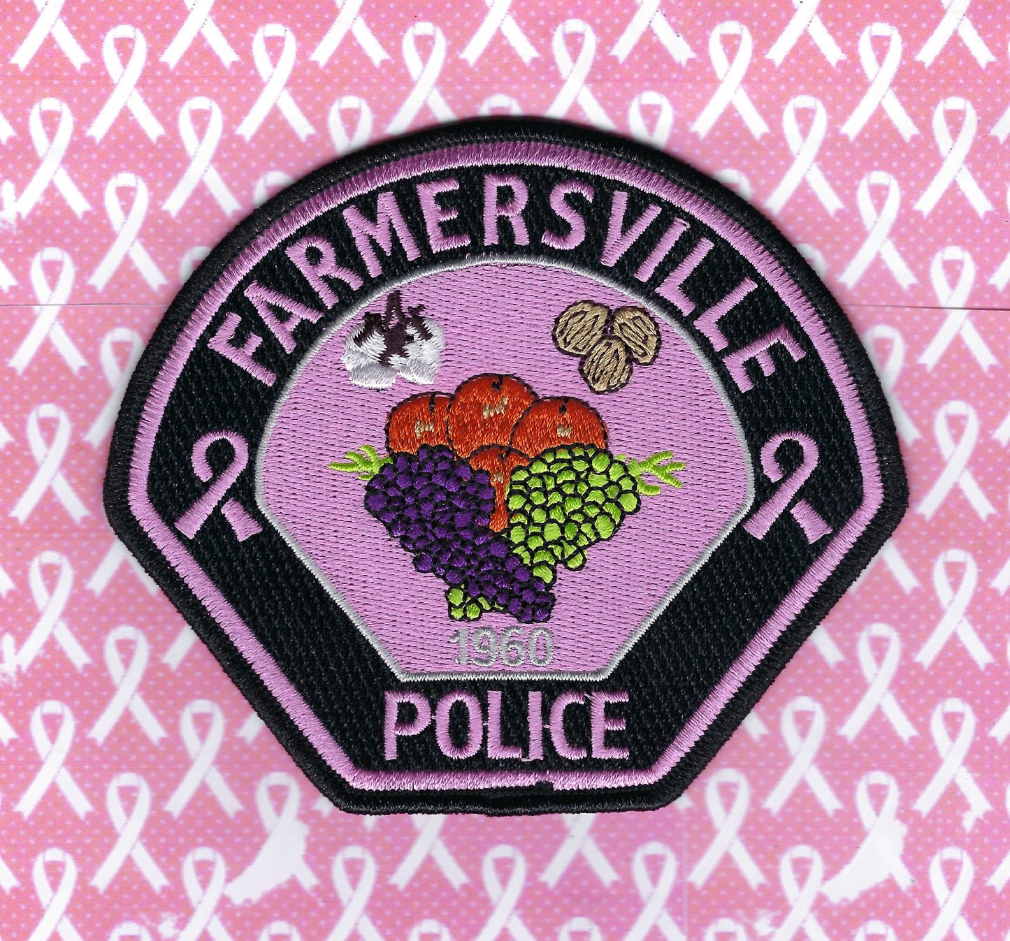 FARMERSVILLE, CALIFORNIA POLICE DEPARTMENT 'BREAST CANCER AWARENESS' EMBROIDERED PATCH BY ARROWHEAD EMBLEMS.