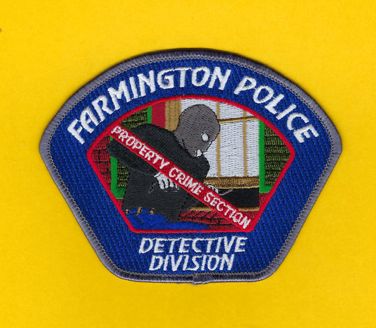 FARMINGTON, NEW MEXICO POLICE DEPARTMENT 4.5 INCH x 3.5 INCH 'DETECTIVE DIVISION' PROPERTY CRIMES SECTION EMBROIDERED PATCH BY HUNTZMAN ENTERPRISES.