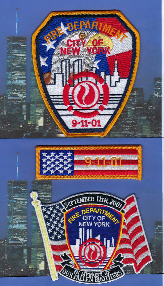 NEW YORK CITY FIRE DEPARTMENT (FDNY) WORLD TRADE CENTER 9-11-01 TWIN TOWERS TRIBUTE PATCHES BY PUBLIC SAFETY COLLECTIBLES.