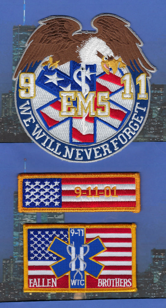 NEW YORK CITY FIRE DEPARTMENT (FDNY) EMERGENCY MEDICAL SERVICE WORLD TRADE CENTER 9-11-01 TWIN TOWERS TRIBUTE PATCHES BY PUBLIC SAFETY COLLECTIBLES.