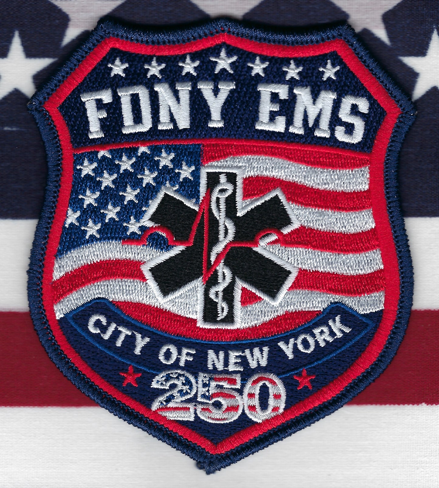 NEW YORK CITY FIRE DEPARTMENT (FDNY) EMERGENCY MEDICAL SERVICE (EMS) 'USA 250TH ANNIVERSARY EMBROIDERED TRIBUTE PATCH DESIHGNED AND PRODUCED BY UNDERDOG PATCH PRODUCTIONS.