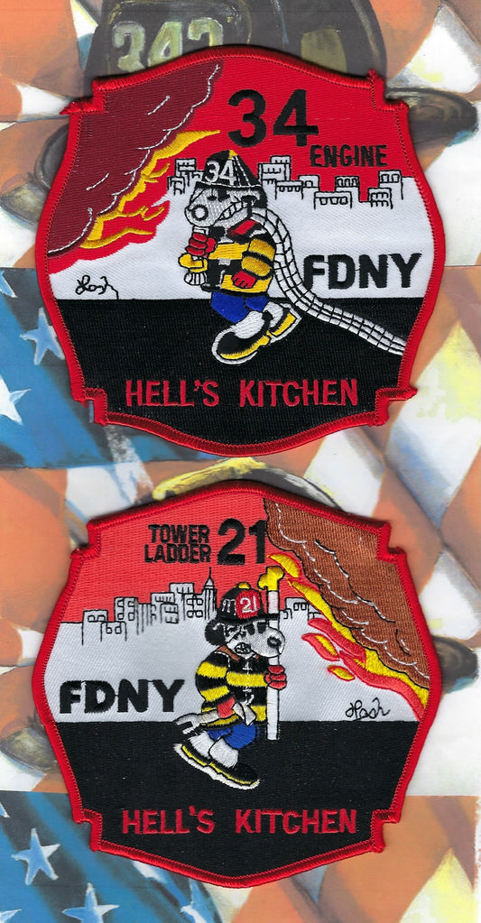 NEW YORK CITY FIRE DEPT (FDNY) ENGINE 34 - TOWER LADDER 21 EMBROIDERED COMPANY PATCHES BY PUBLIC SAFETY COLLECTIBLES.