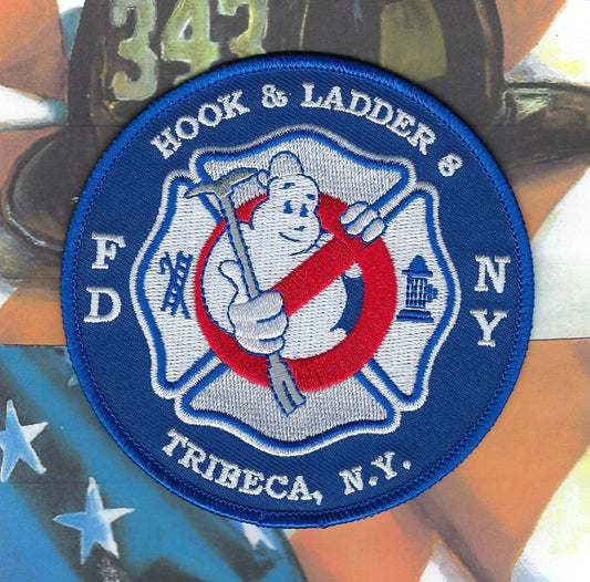 NEW YORK CITY FIRE DEPT (FDNY) 'HOOK AND LADDER 8' GHOSTBUSTERS FIREHOUSE EMBROIDERED PATCH DESIGNED AND PRODUCED BY PUBLIC SAFETY COLLECTIBLES.
