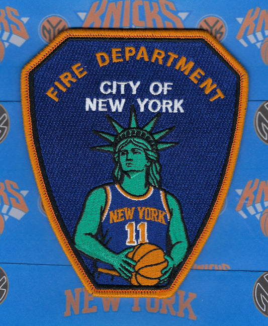 NEW YORK CITY FIRE DEPT (FDNY) NEW YORK BASKETBALL EMBROIDERED TRIBUTE PATCH DESIHGNED AND PRODUCED BY UNDERDOG PATCH PRODUCTIONS.
