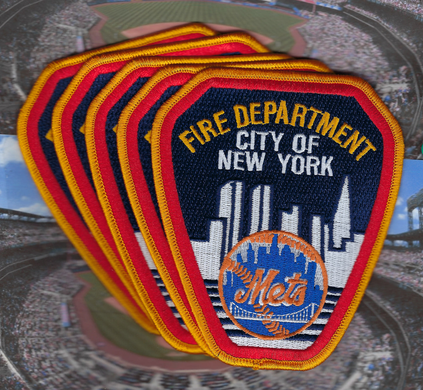 NEW YORK CITY FIRE DEPARTMENT (FDNY) NEW YORK METS (NYM) EMBROIDERED TRIBUTE PATCHES (5) BY PUBLIC SAFETY COLLECTIBLES.